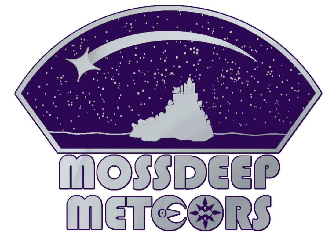 a logo for an imaginary sports team named the Mossdeep Meteors. the logo depicts a stylized two-tone image of Mossdeep island from Pokemon Ruby and Sapphire in a metallic silver with a dark purple night sky above and a large trailing silver meteor. below is large silver text reading 'Mossdeep Meteors', with the EO in meteors resembling a Lunatone and Solrock respectively.